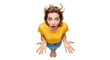 © haris - Woman with surprised expression, open mouth, and raised hands, viewed from a high angle on a white background.