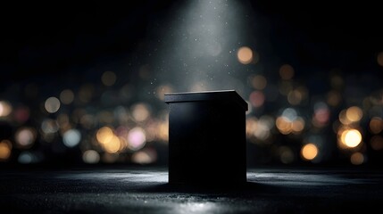 Wall Mural - Illuminated podium on a reflective surface with blurred bokeh lights
