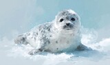 UROCZE SZCZENIĘ FOKI NA ŚNIEGU - AKWARELA