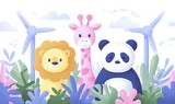 LEW, ŻYRAFA I PANDA W STYLU FLAT DESIGN, EKOLOGICZNE TŁO Z TURBINAMI WIATROWYMI