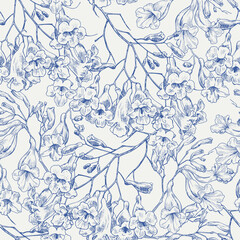Vintage floral vector seamless pattern Jacaranda tree flowers, blue beige. Hand drawn elements. Background for design packaging, textile, wrapping paper, wallpaper, Fashion apparel, wedding decor
