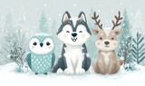 AKWARELOWE SZCZENIĘ HUSKY, SOWA ŚNIEŻNA I MŁODE RENIFERY W ZIMOWYM KRAJOBRAZIE