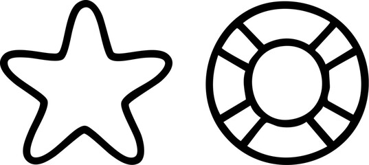 Starfish and lifebuoy simple line art icon set.