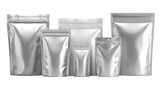 Silver pouch bags of different shapes and sizes. These templates are perfect for showing off food, cosmetics, or brand designs. Transparent background included.
