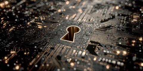 Wall Mural - abstract technology illustration featuring a digital circuit board with a keyhole symbol representin