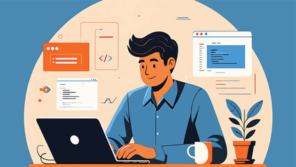 Young male programmer working on a laptop, coding a new project. Vector illustration concept for software development and technology.