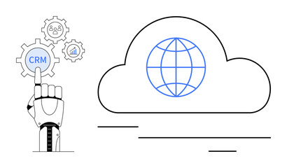 Wall Mural - robotic arm activates crm gear with human icons, analytics chart beside a globe in a cloud. ideal fo