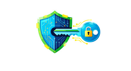 Cybersecurity key unlocking a digital shield, representing data protection and secure access.