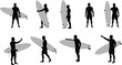 © Sumia Art - Silhouette Illustration of a Surfer Holding and Pointing at Surfboard in Various Poses for Surfing and Outdoor Sport