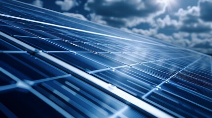 Close-up of a solar panel array against a cloudy sky