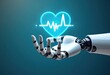 © IRINA - A robotic hand holds a glowing heart symbol with a heartbeat line. The background is a gradient of blue, emphasizing technology and healthcare concepts.