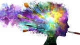 ABSTRAKCYJNA SYLWETKA GŁOWY Z PĘDZLAMI I KOLOROWYMI ROZPRYSKAMI