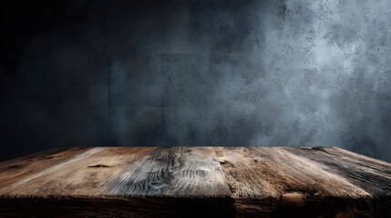 Wall Mural - a wooden table with a gray wall backdrop and sharp focus long title a rustic wooden table against a 