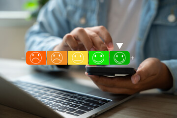 Canvas Print - Happy customer providing 5-star review via mobile application after receiving outstanding service and quality product. Online customer feedback plays crucial role in business ranking, Consumer trust