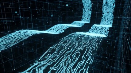 Flowing blue digital streams within a wireframe grid