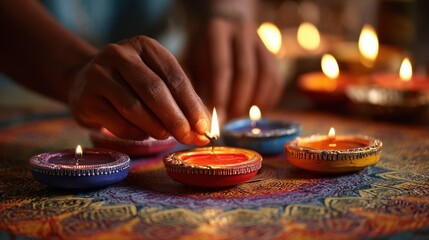 Wall Mural - Hands lighting diya oil lamps with matchstick on colorful rangoli during diwali festival celebration, creating a warm and festive atmosphere