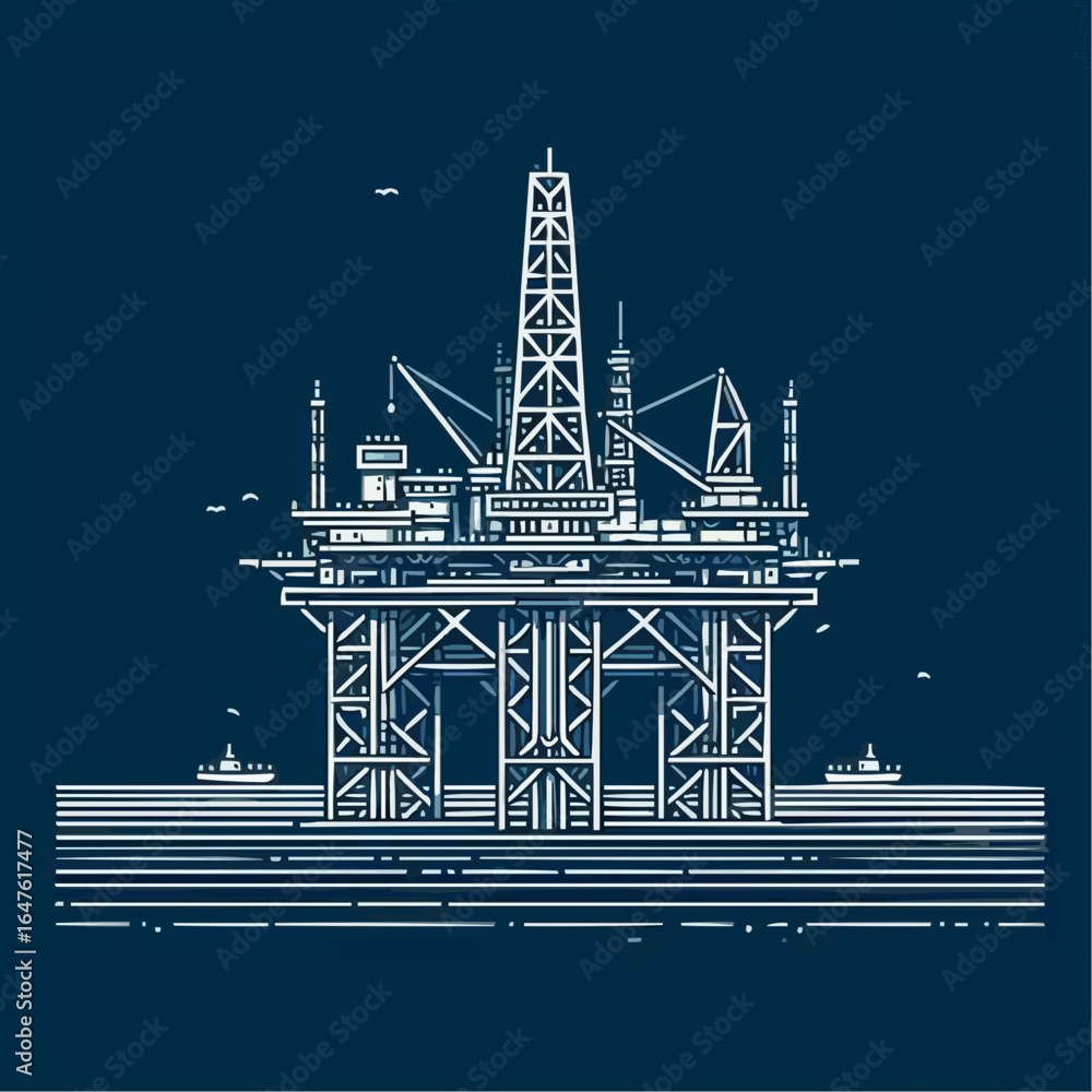 Line art illustration of an offshore oil rig in the ocean with ships in ...
