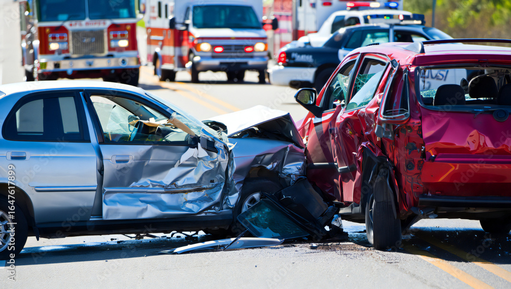 Serious Car Crash on Road with Emergency Vehicles Arriving at Scene ...
