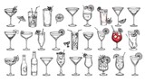Elaborate assortment of hand-drawn cocktail illustrations in retro sketch style perfect for
