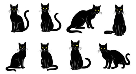 Wall Mural - Elegant black cat silhouettes in various poses perfect for design projects and branding