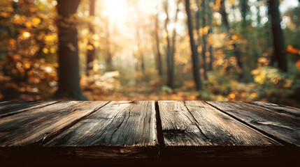 Wall Mural - beautiful fall autumn sunset forest woodland natural mockup wooden table cloth empty blank plank pro