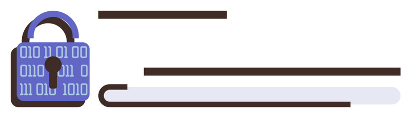 Lock with binary code emphasizes security and privacy. Horizontal lines suggest data transmission or restricted access. Ideal for security, encryption, technology, privacy, data protection, cyber