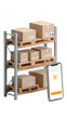 © F-STUDIO - A shelving unit displays neatly stacked cardboard boxes alongside a smartphone showing a shopping cart icon.