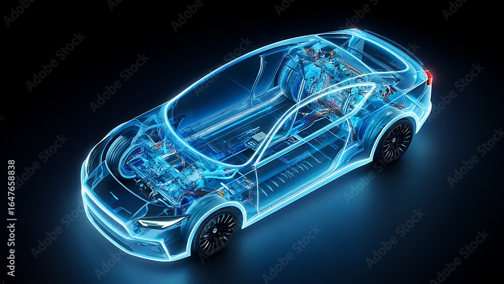 Transparent Electric Vehicle Blueprint with Glowing Components の Stock ...