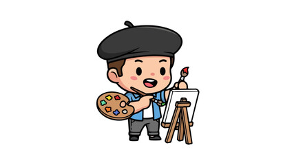Cute boy artist painting on canvas at an easel. Cartoon painter character in a beret holding a palette and brush VECTOR illustration.