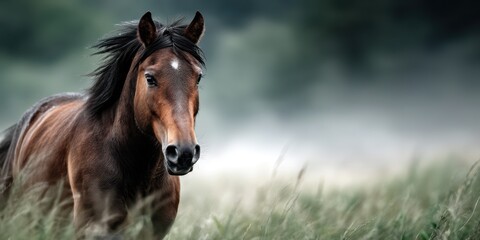 Naklejka na meble Horse gracefully moving through tall grass in a serene landscape during early morning hours