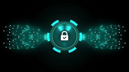 Tech background for unlocking UI system. Lock scan with digital HUD circle and AI circuit board. Touch screen button for user interface.