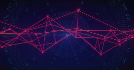 Wall Mural - floating neon red network graph on dark blue radial gauge, with glowing nodes and numeric labels