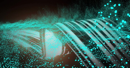 Wall Mural - flowing digital wave forming smooth streaks on dark digital background, with teal white particles