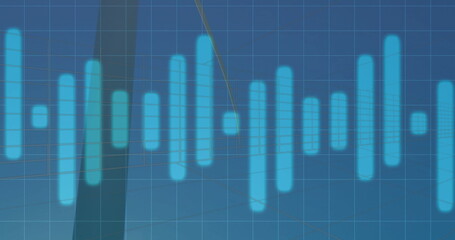 Wall Mural - displaying horizontal waveform featuring glowing cyan bars on data screen, grid and abstract shapes