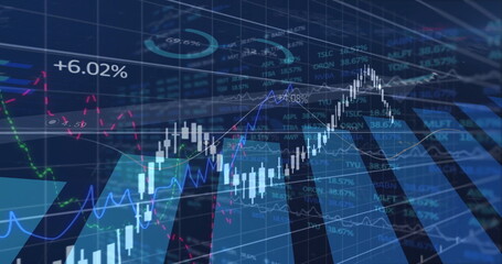 Wall Mural - Displaying candlestick chart rising at trading interface, with ticker symbols and data labels