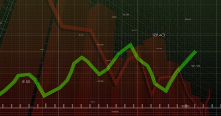 Wall Mural - Displaying green fluctuating data line moving across dashboard grid overlay, with red area graph