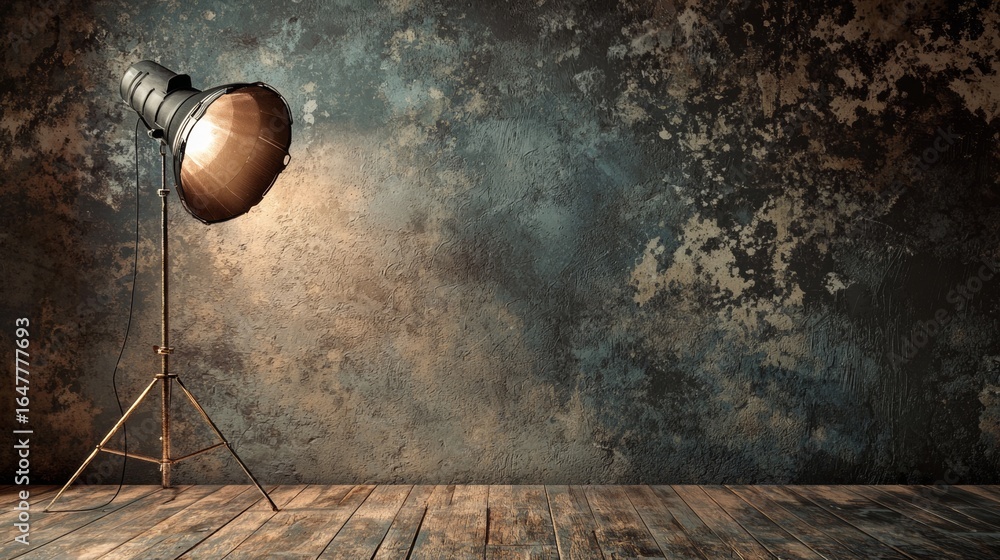 Vintage studio spotlight illuminating textured wall and wooden floor ...
