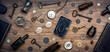 © Tryfonov - A collection of antique antiques is spread out on the table. Old coins, glasses, photography, glass bottles, keys, watch and compass. Vintage collection. History  background.