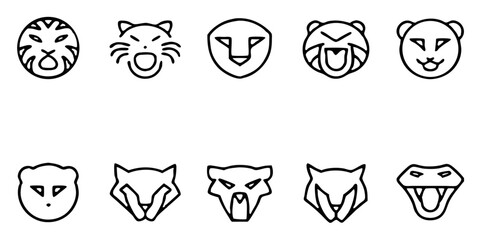 Collection of minimalist animal face line icons isolated on white background, featuring tiger, bear, cat, fox, and lion heads for simple and cute graphic designs