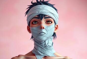 Wall Mural - Bandaged figure with anime-style features, posed against a pastel backdrop,  graphic,  green