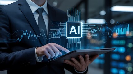 AI integration in business concept businessman using tablet with artificial intelligence interface overlay for innovative solutions and enhanced productivity