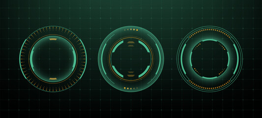 Set of three glowing hud vector graphics, round digital elements with circles and dots for sci-fi interface or futuristic design