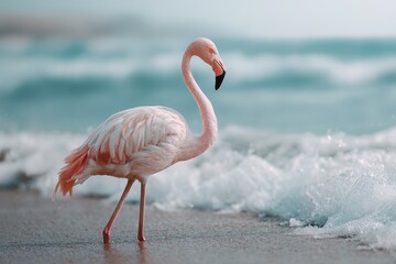 Wall Mural - Pink flamingo standing gracefully on sandy beach with soft waves of blue ocean during a serene sunny day