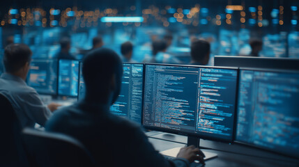 Team of coders debugging fintech application on large monitors