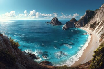 Wall Mural - Romantic beach panorama featuring clear turquoise waters and rocky cliffs during a sunny day with gentle waves lapping against the shore
