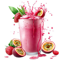 Wall Mural - Strawberry passion fruit milkshake splash, studio shot, isolated on a white transparent background