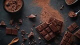 Dark chocolate bars and cocoa powder spread across black background with elegant gourmet dessert mood