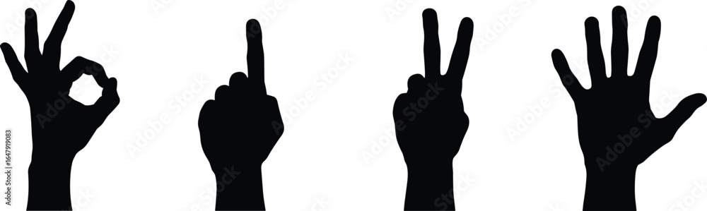 เวกเตอร์ Stock Hand gesture silhouettes showing OK sign, pointing ...
