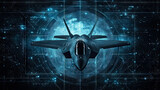 Advanced fighter jet over a complex data matrix visualization for security systems for Air Force Birthday, National Aviation Day