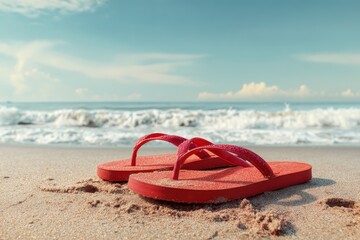 Wall Mural - Pair of red flipflops resting on a sandy beach under a bright sun with gentle waves in the background